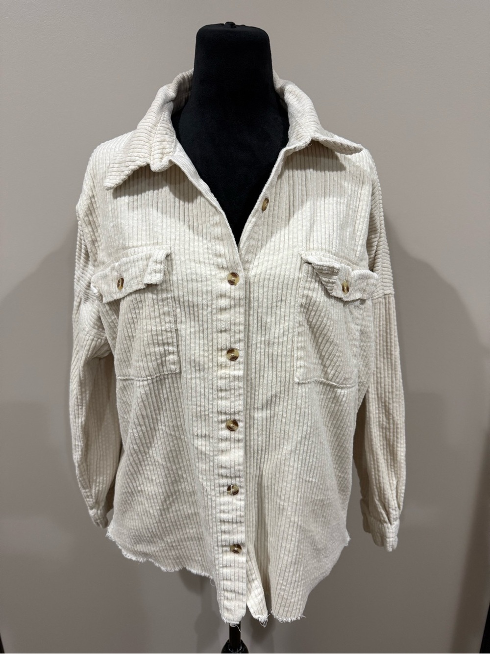 RSQ Cream Corduroy Button Down Shacket Raw Hem Oversized - Size Medium